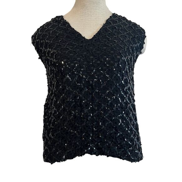 Vintage 60s black sequin sleeveless top zip up back size medium-large - Picture 1 of 9